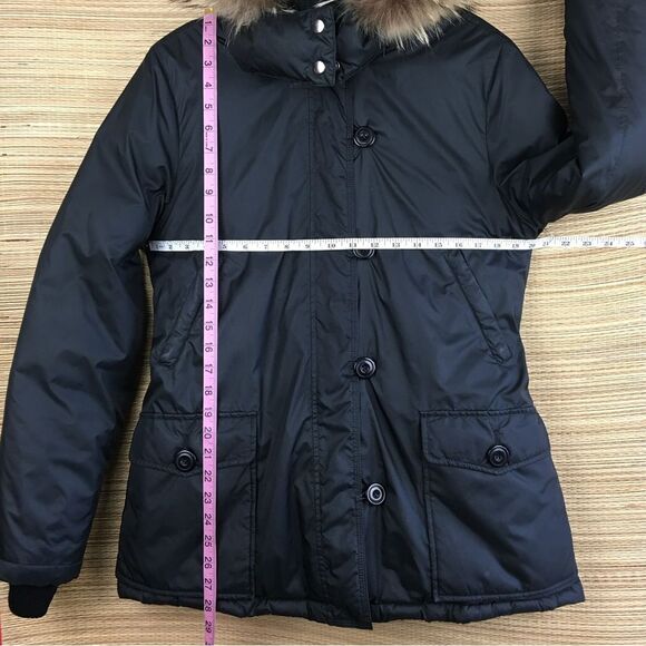 THEORY Down Puffer Hooded Raccoon Fur Trim Parka Jacket Zip/Buttons Black Size M - Picture 14 of 14